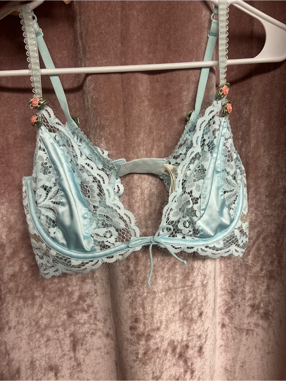 For Love & Lemons Pale Blue Satin and Lace Bralette with Floral Accents